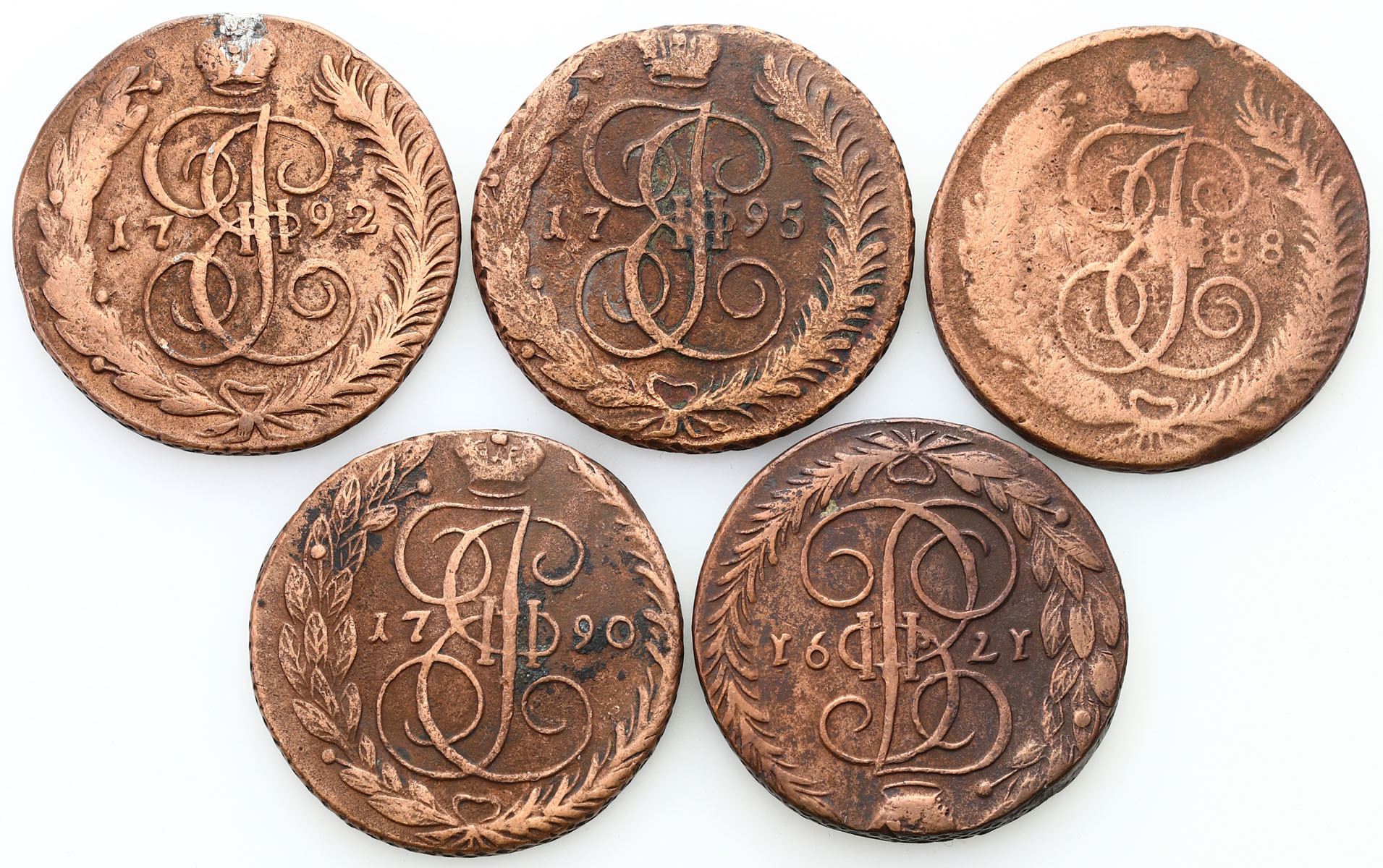Rosja. Katarzyna II. 5 kopiejek 1788-1795, zestaw 5 monet